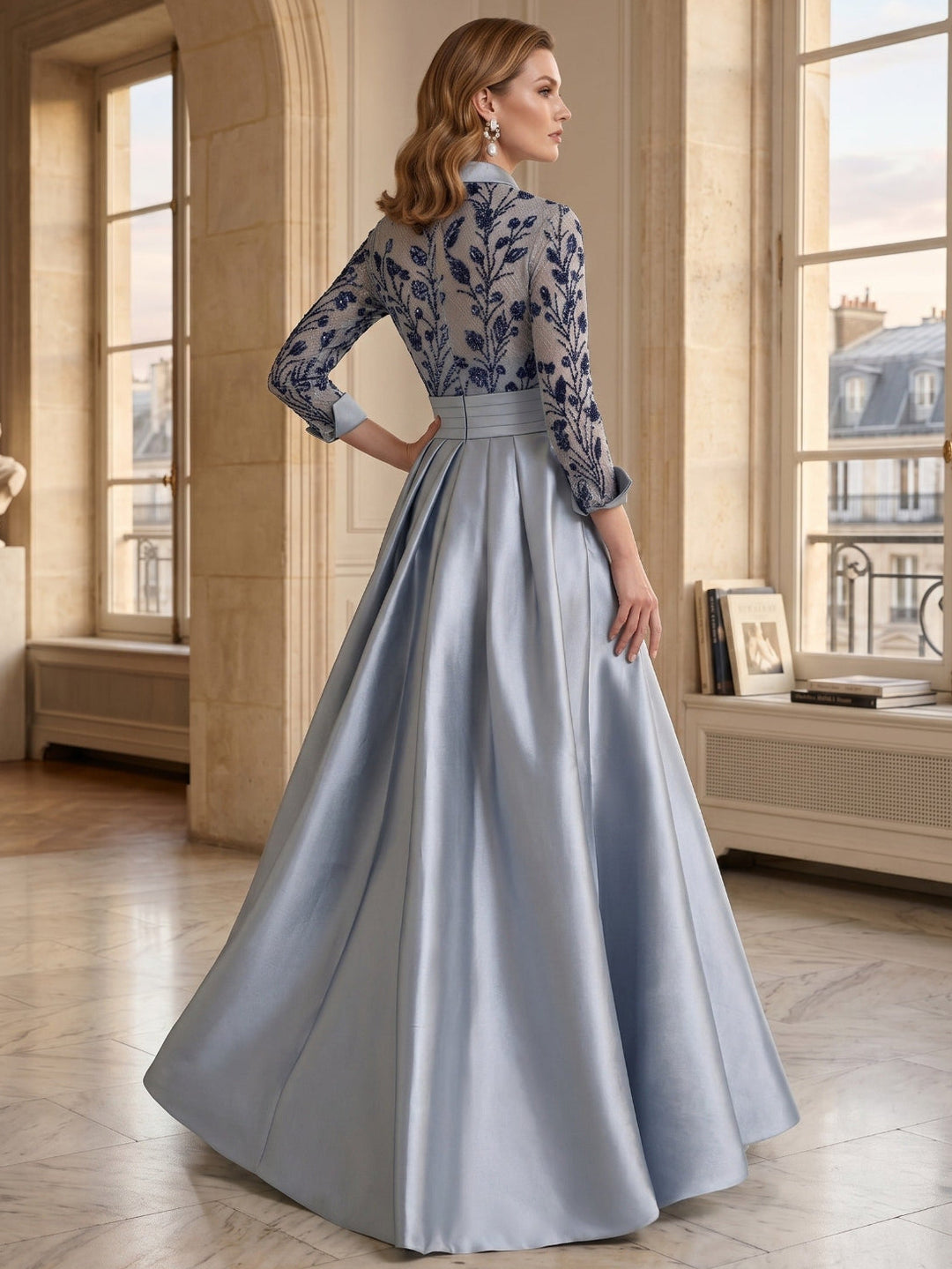 A-Line/Princess Shirt Collar Long Sleeves Floor-Length Mother of the Bride Dresses with Appliques & Flower Belt