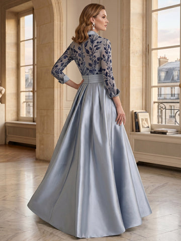 A-Line/Princess Shirt Collar Long Sleeves Floor-Length Mother of the Bride Dresses with Appliques & Flower Belt
