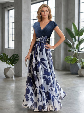 A Line/Princess V-Neck Short Sleeves Mother of the Bride Dresses With Flower & Ruches