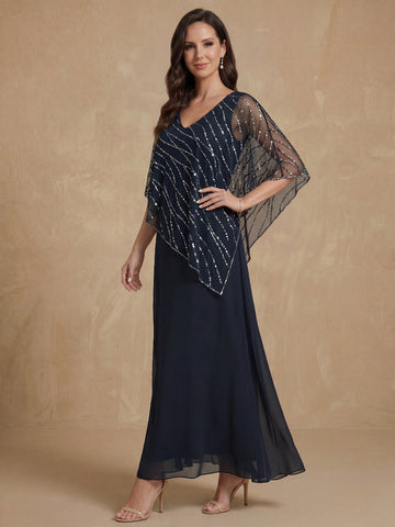 A-Line/Princess V-Neck Half Sleeves Ankle-Length Mother of the Bride Dresses with Asymmetrical Cape Popover