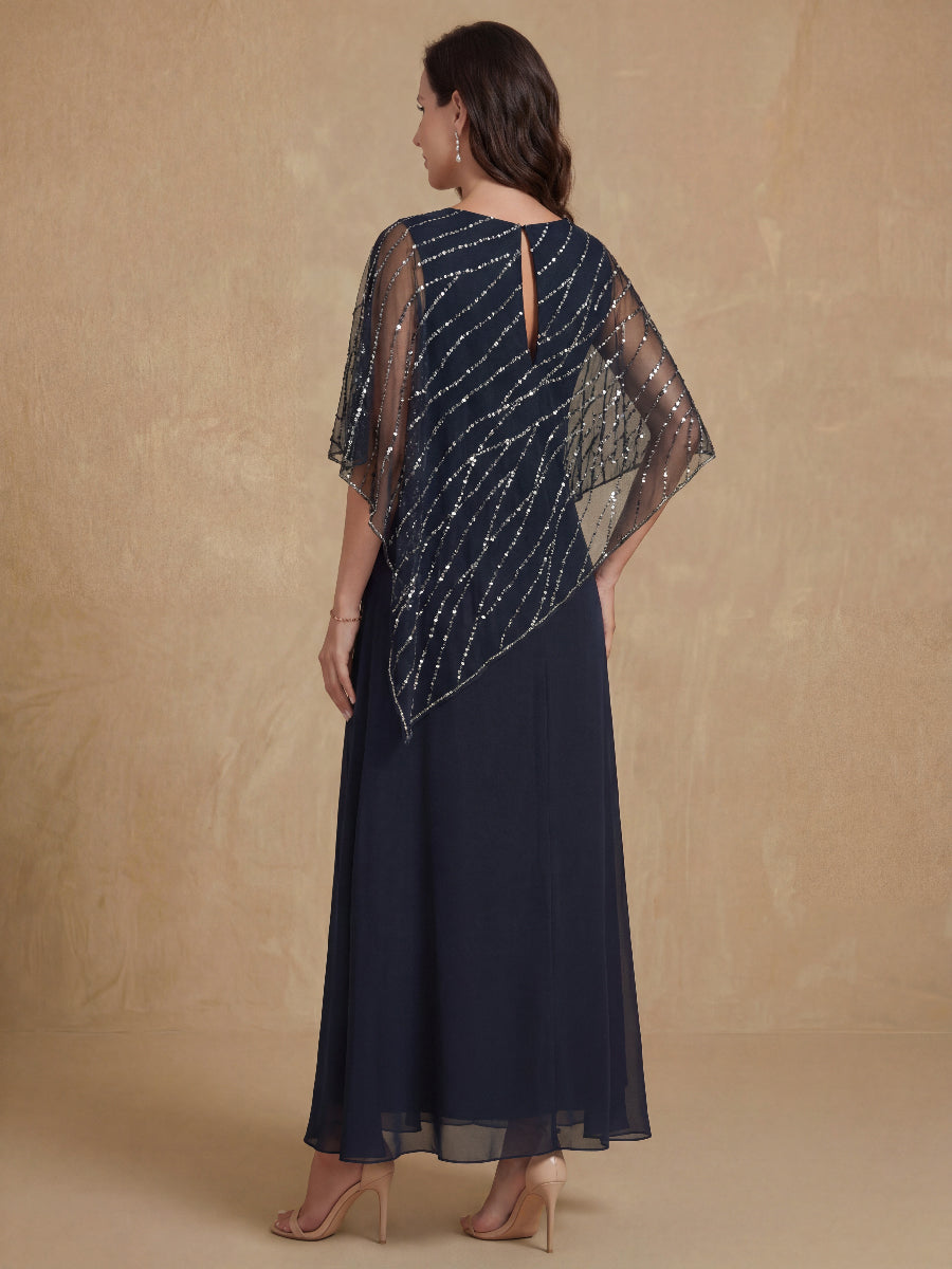 A-Line/Princess V-Neck Half Sleeves Ankle-Length Mother of the Bride Dresses with Asymmetrical Cape Popover
