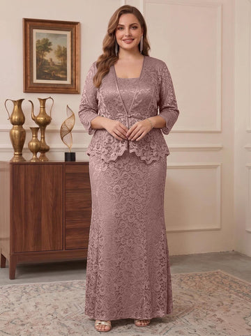 Sheath/Column Square Neck 3/4 Length Sleeves Floor-Length 2 Pieces Plus Size Mother of the Bride Dresses with Jacket