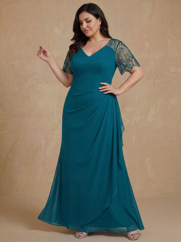 Sheath/Column V-Neck Short Sleeves Ankle-Length Lace Plus Size Mother of the Bride Dresses with Beads