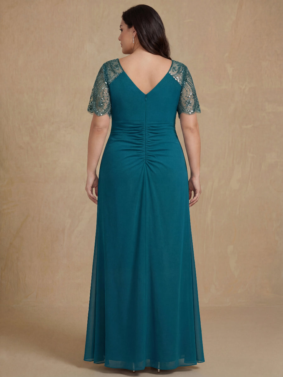 Sheath/Column V-Neck Short Sleeves Ankle-Length Lace Plus Size Mother of the Bride Dresses with Beads