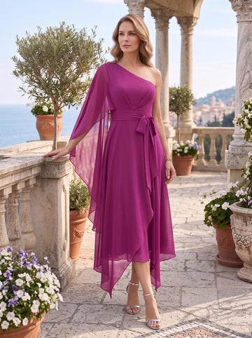 A-line/Princess One-Shoulder Asymmetrical Ruched Mother of the Bride Dresses with Bow Sash