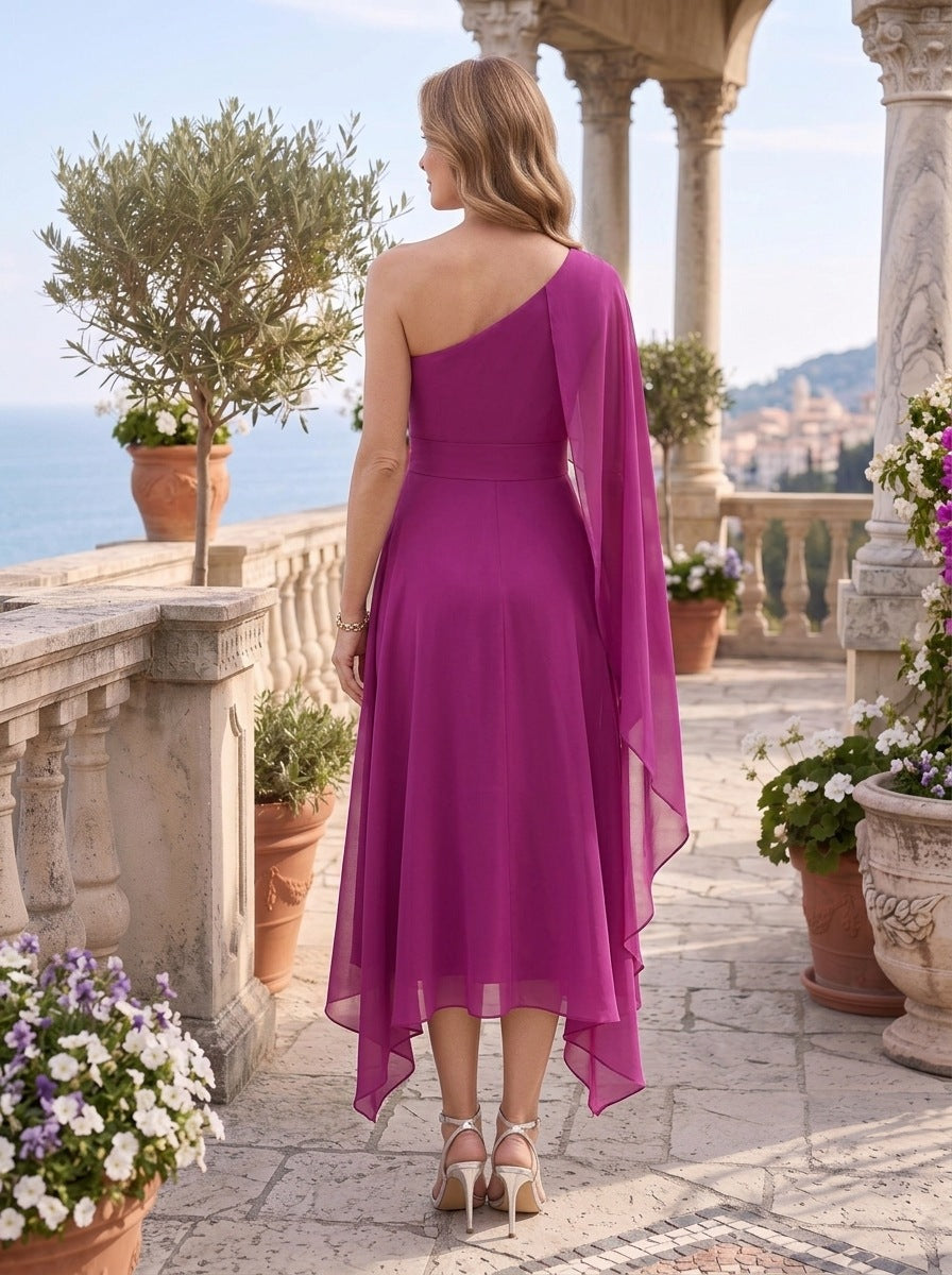 A-line/Princess One-Shoulder Asymmetrical Ruched Mother of the Bride Dresses with Bow Sash