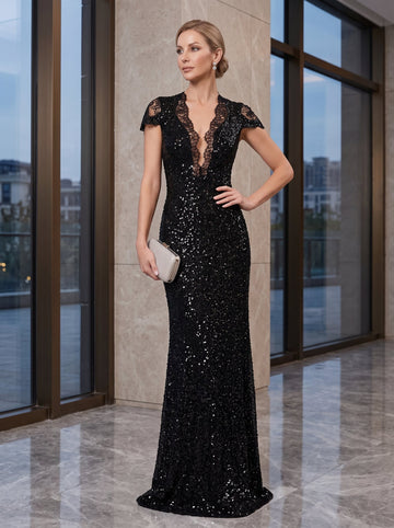 Sheath/Column Sequined Floor-Length Plunge V-Neck Mother Of The Bride Dresses with Lace & Slit