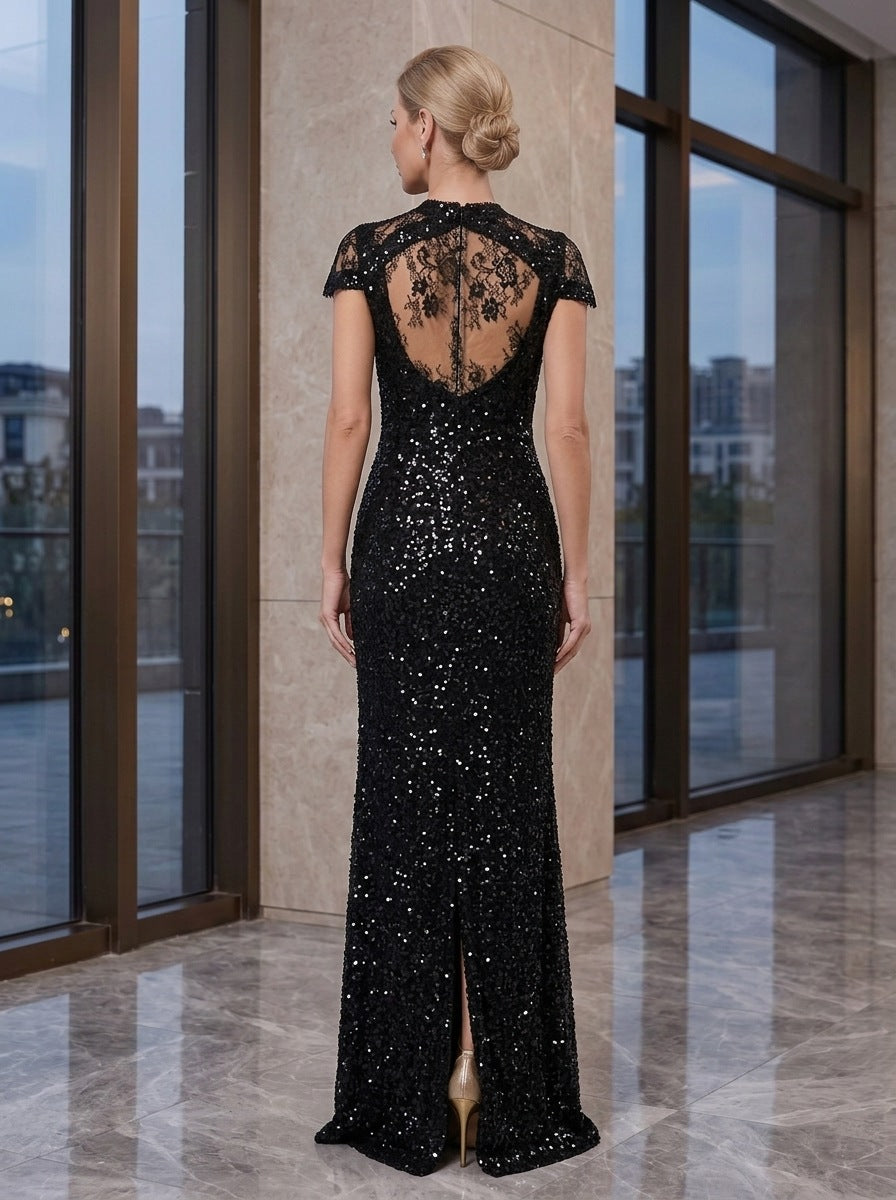 Sheath/Column Sequined Floor-Length Plunge V-Neck Mother Of The Bride Dresses with Lace & Slit