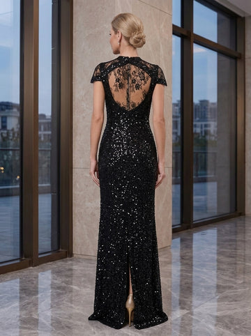 Sheath/Column Sequined Floor-Length Plunge V-Neck Mother Of The Bride Dresses with Lace & Slit