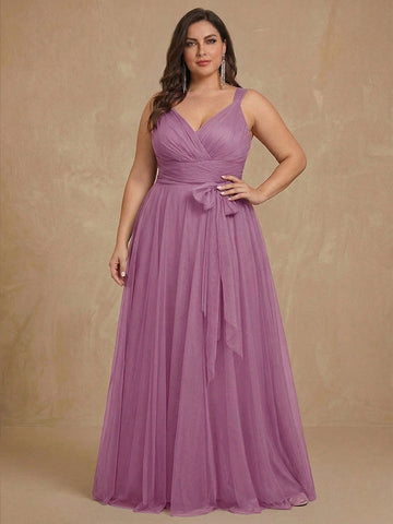 A-Line/Princess V-Neck Sleeveless Floor-Length Tulle Plus Size Mother of the Bride Dresses with Ruffles