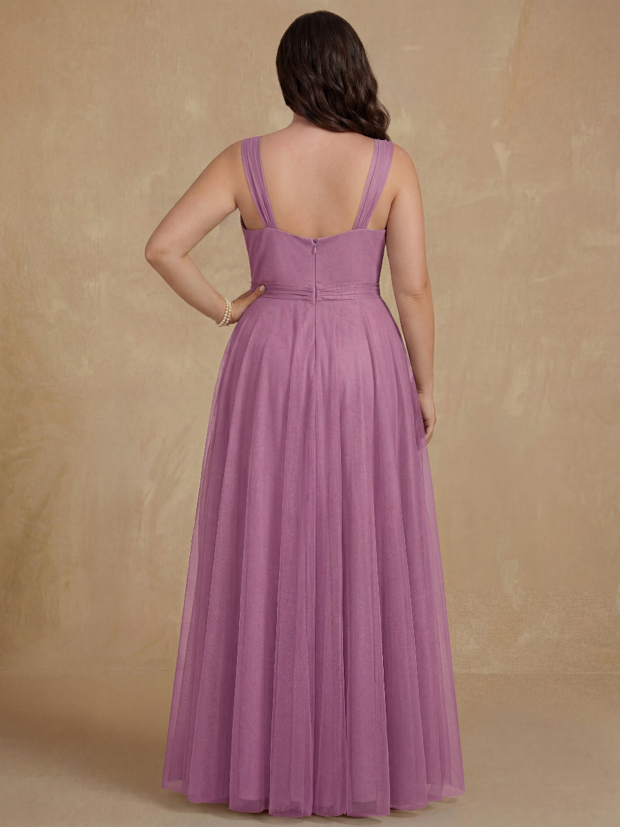 A-Line/Princess V-Neck Sleeveless Floor-Length Tulle Plus Size Mother of the Bride Dresses with Ruffles