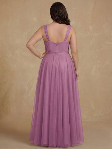 A-Line/Princess V-Neck Sleeveless Floor-Length Tulle Plus Size Mother of the Bride Dresses with Ruffles