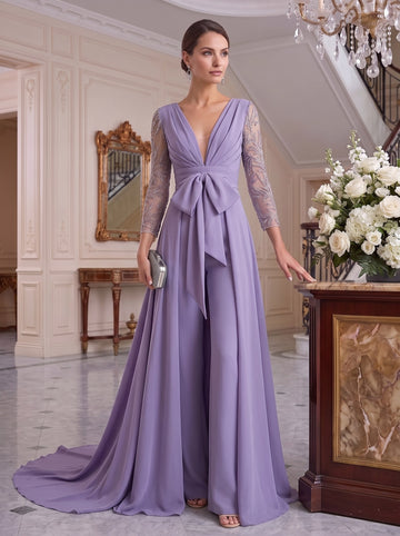 A-Line/Princess Plunge V-Neck Ruched Mother of the Bride Jumpsuits with Embroidered Tulle Sleeves & Bow