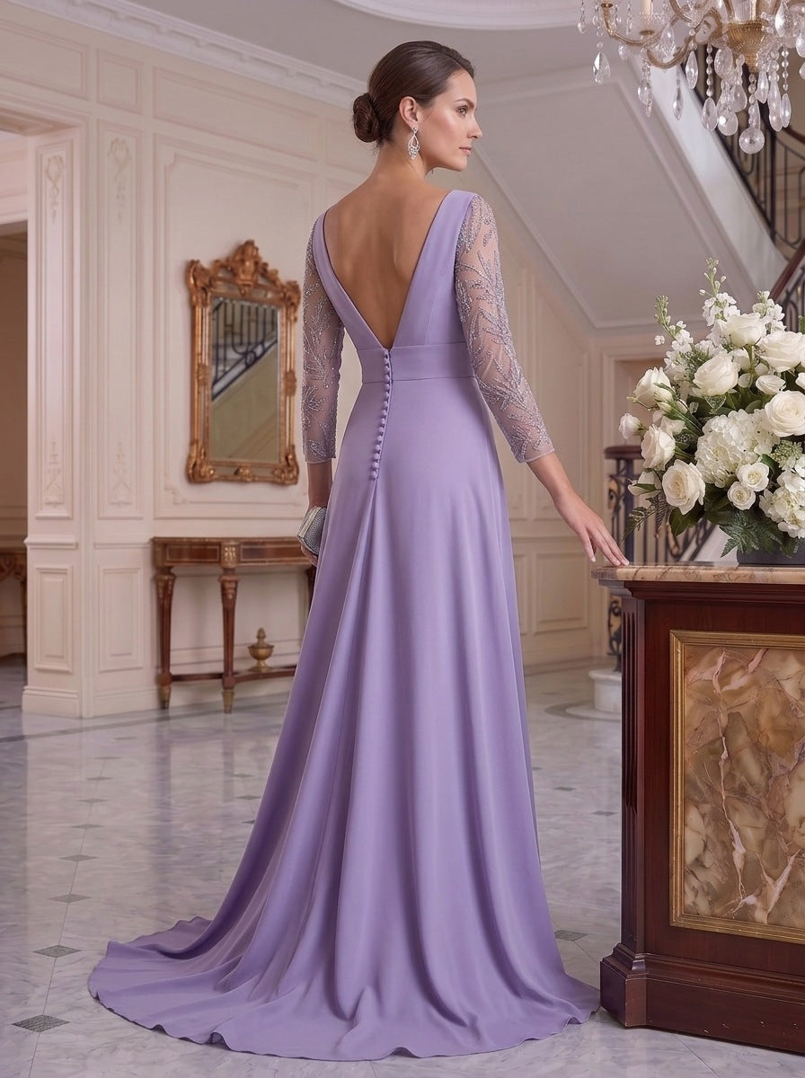 A-Line/Princess Plunge V-Neck Ruched Mother of the Bride Jumpsuits with Embroidered Tulle Sleeves & Bow