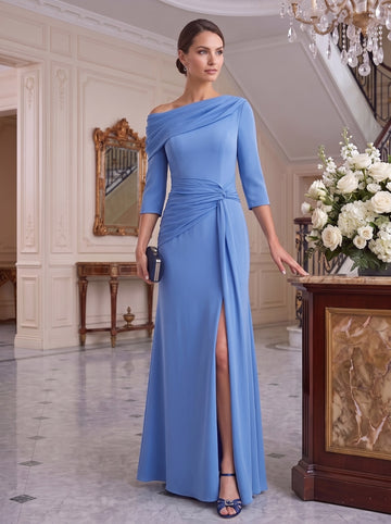 Sheath/Column Asymmetrical Draped Neckline 3/4 Sleeves Floor-Length Pleated Mother of the Bride Dresses with Chiffon & Slit