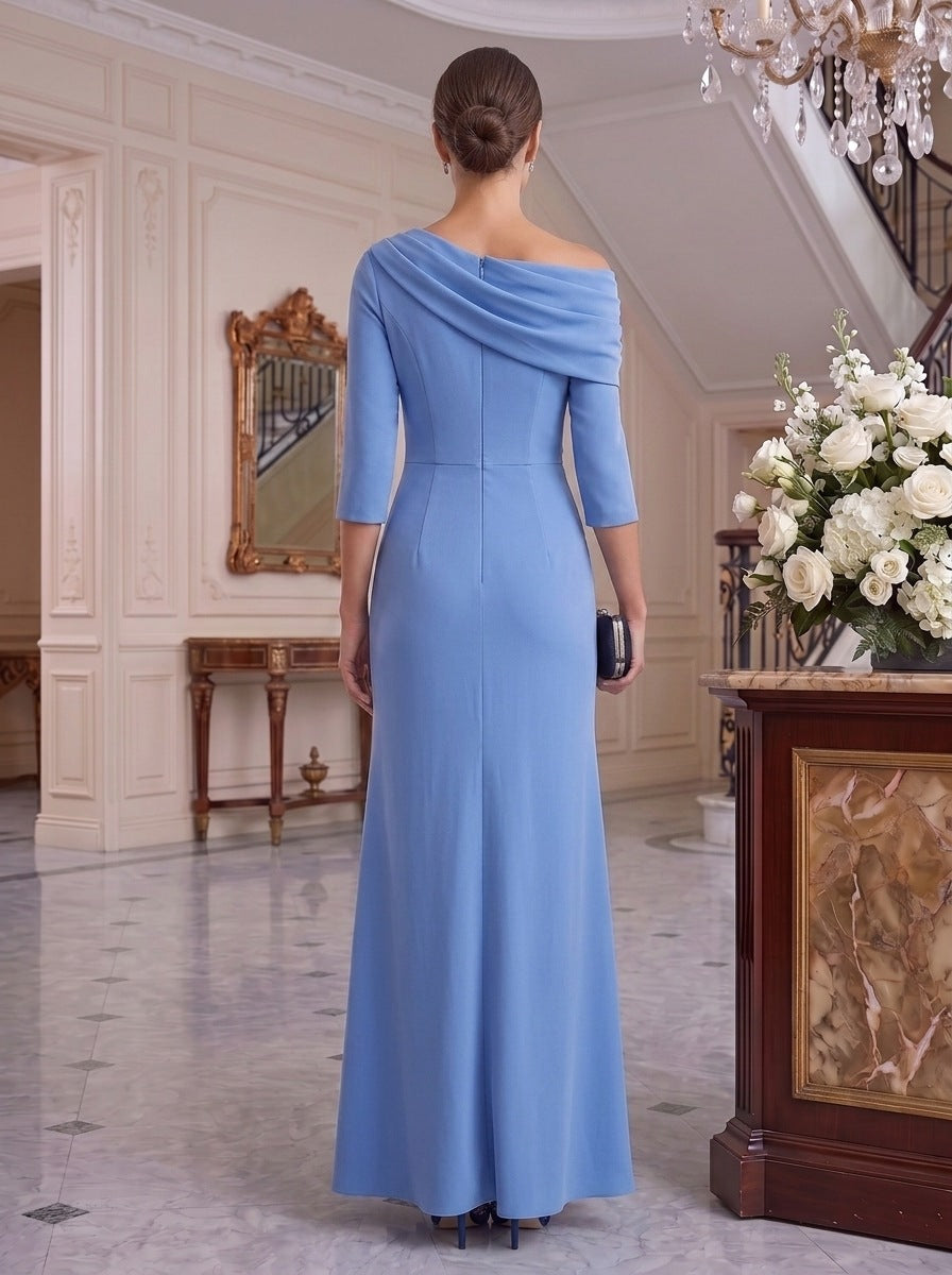 Sheath/Column Asymmetrical Draped Neckline 3/4 Sleeves Floor-Length Pleated Mother of the Bride Dresses with Chiffon & Slit