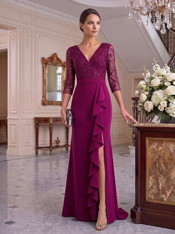 Trumpet/Mermaid V-Neck Floor-Length Mother of the Bride Dresses with Slit & Ruffles & Tulle Lace