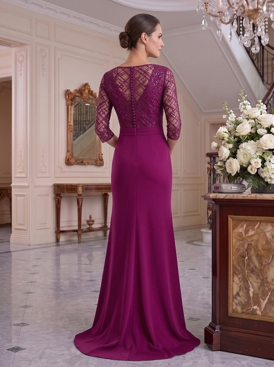 Trumpet/Mermaid V-Neck Floor-Length Mother of the Bride Dresses with Slit & Ruffles & Tulle Lace