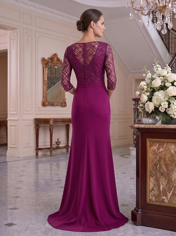 Trumpet/Mermaid V-Neck Floor-Length Mother of the Bride Dresses with Slit & Ruffles & Tulle Lace