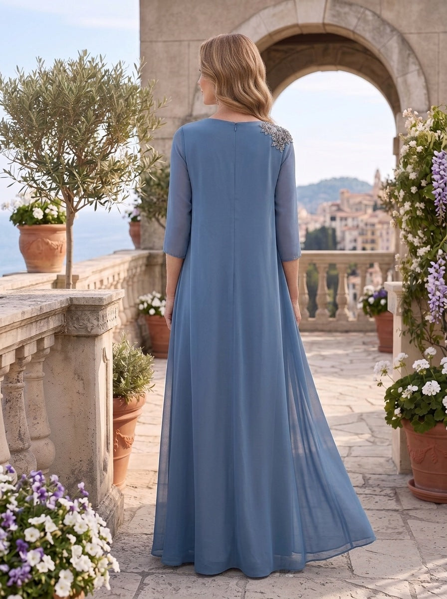 A-Line/Princess Jewel Neck 3/4 Sleeves Floor-Length Mother of the Bride Dresses with Chiffon Cape & Jewel Appliques