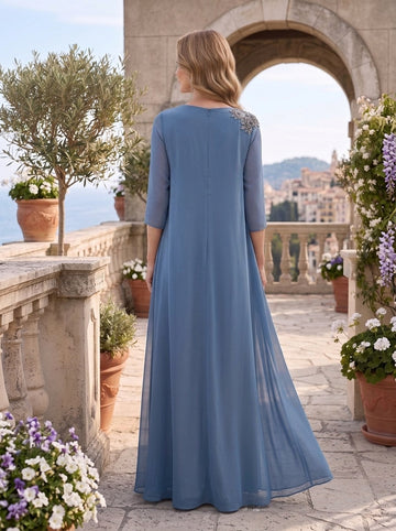 A-Line/Princess Jewel Neck 3/4 Sleeves Floor-Length Mother of the Bride Dresses with Chiffon Cape & Jewel Appliques