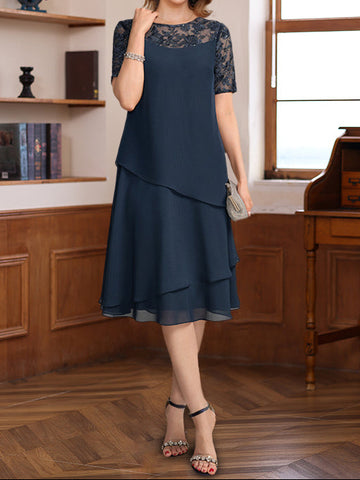 A-Line/Princess Jewel Neck Short Sleeves Knee-Length Mother of the Bride & Groom Dresses with Ruffles & Lace Appliques & Sequins