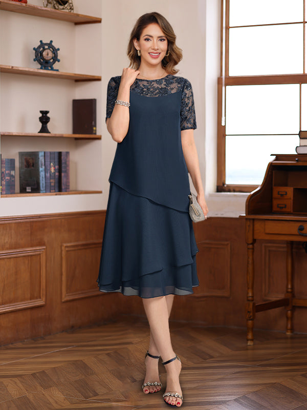 A-Line/Princess Jewel Neck Short Sleeves Knee-Length Mother of the Bride & Groom Dresses with Ruffles & Lace Appliques & Sequins