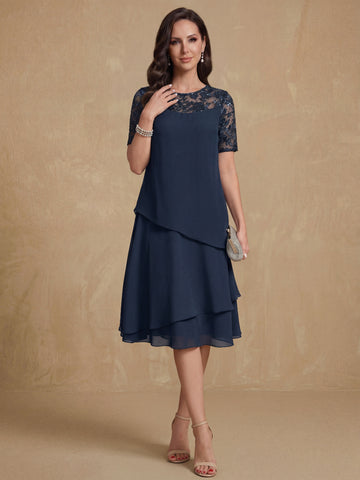 A-Line/Princess Jewel Neck Short Sleeves Knee-Length Mother of the Bride & Groom Dresses with Ruffles & Lace Appliques & Sequins