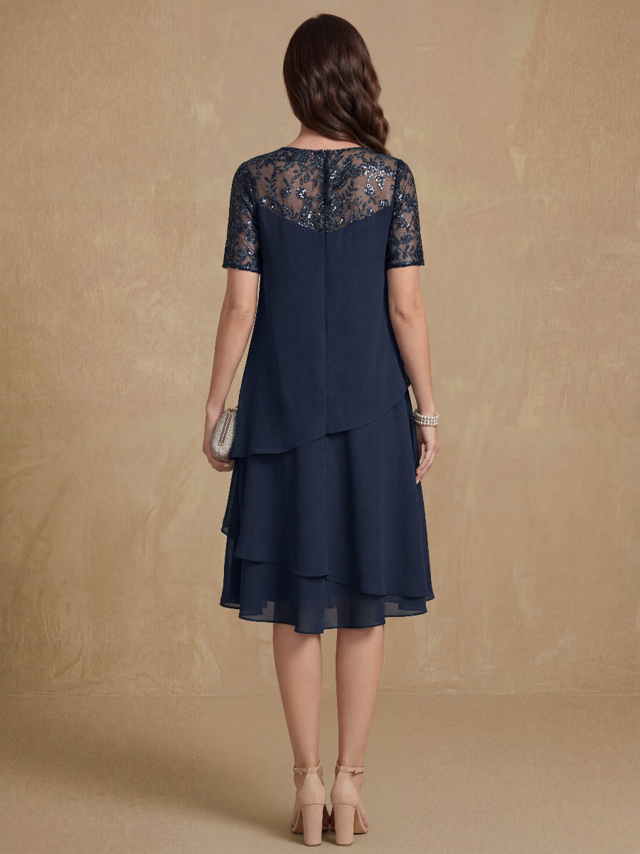 A-Line/Princess Jewel Neck Short Sleeves Knee-Length Mother of the Bride & Groom Dresses with Ruffles & Lace Appliques & Sequins