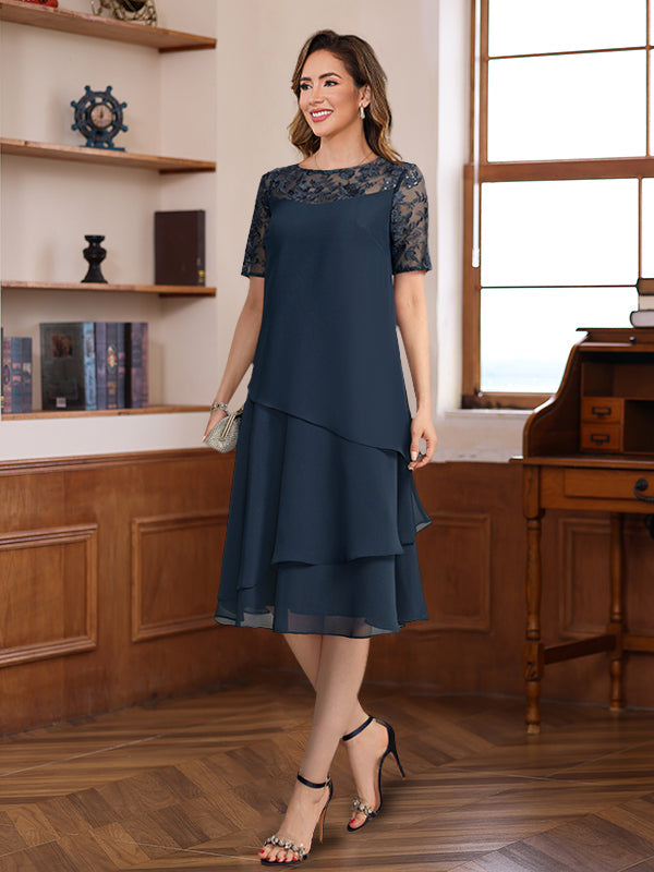 A-Line/Princess Jewel Neck Short Sleeves Knee-Length Mother of the Bride & Groom Dresses with Ruffles & Lace Appliques & Sequins