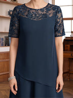 A-Line/Princess Jewel Neck Short Sleeves Knee-Length Mother of the Bride & Groom Dresses with Ruffles & Lace Appliques & Sequins