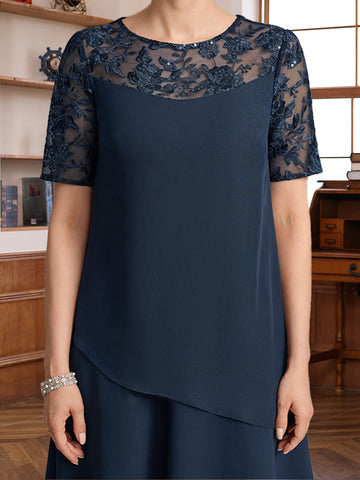 A-Line/Princess Jewel Neck Short Sleeves Knee-Length Mother of the Bride & Groom Dresses with Ruffles & Lace Appliques & Sequins