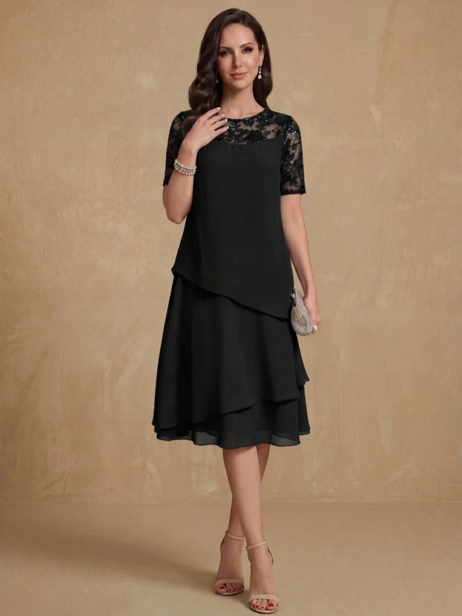 A-Line/Princess Jewel Neck Short Sleeves Knee-Length Mother of the Bride & Groom Dresses with Ruffles & Lace Appliques & Sequins