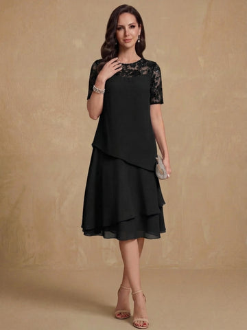 A-Line/Princess Jewel Neck Short Sleeves Knee-Length Mother of the Bride & Groom Dresses with Ruffles & Lace Appliques & Sequins