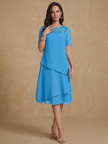A-Line/Princess Jewel Neck Short Sleeves Knee-Length Mother of the Bride & Groom Dresses with Ruffles & Lace Appliques & Sequins