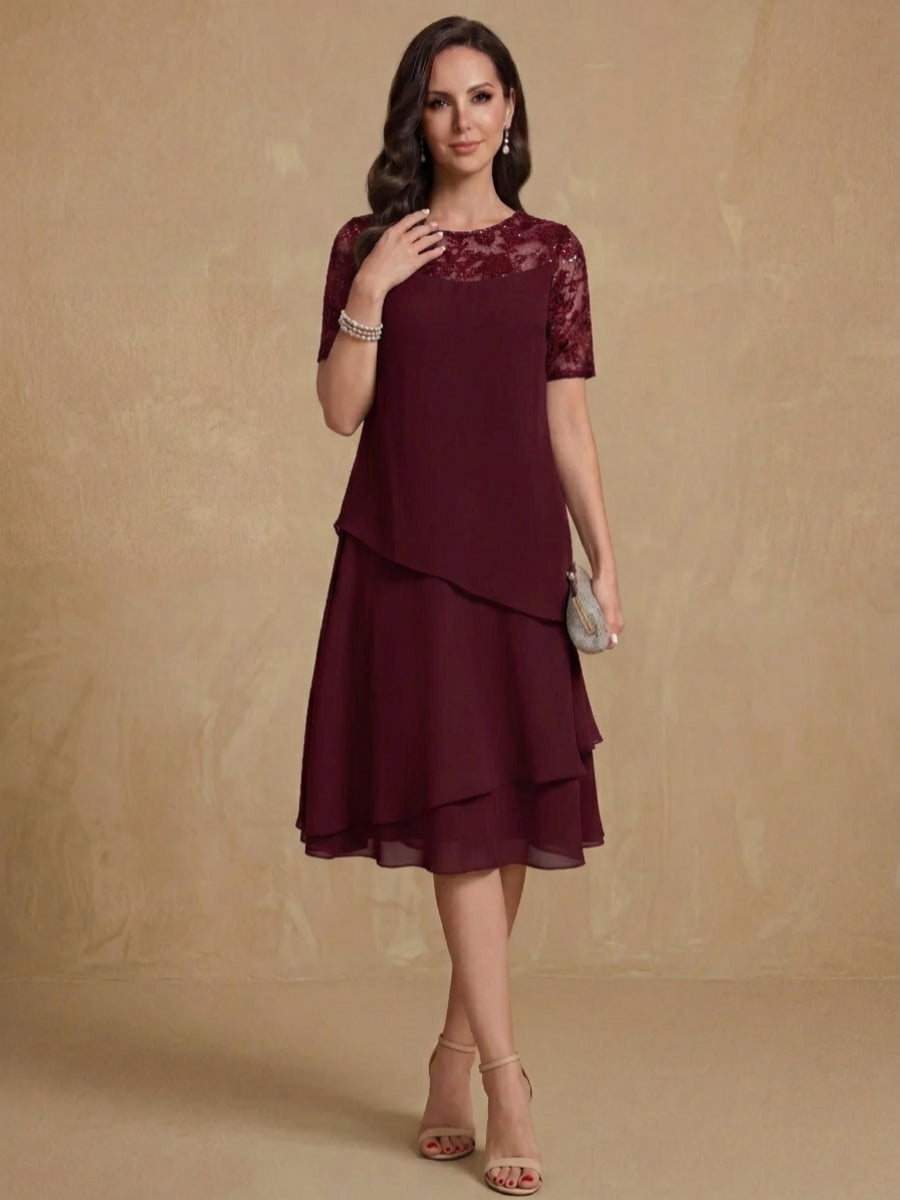 A-Line/Princess Jewel Neck Short Sleeves Knee-Length Mother of the Bride & Groom Dresses with Ruffles & Lace Appliques & Sequins