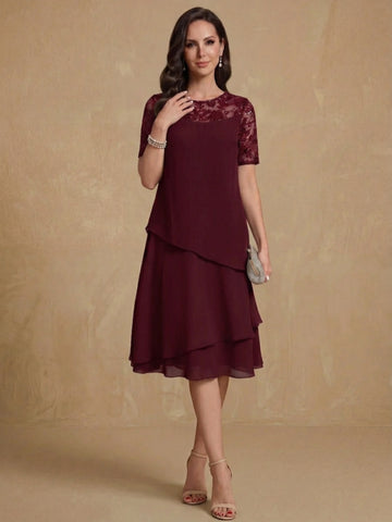 A-Line/Princess Jewel Neck Short Sleeves Knee-Length Mother of the Bride & Groom Dresses with Ruffles & Lace Appliques & Sequins