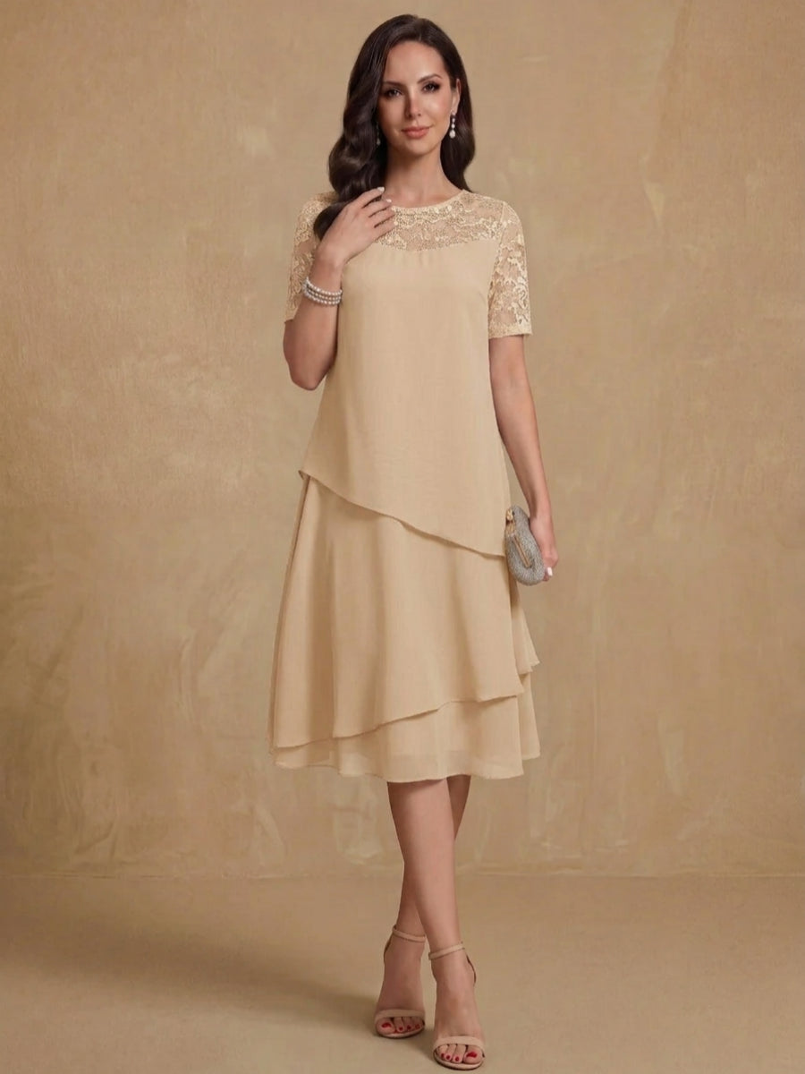A-Line/Princess Jewel Neck Short Sleeves Knee-Length Mother of the Bride & Groom Dresses with Ruffles & Lace Appliques & Sequins