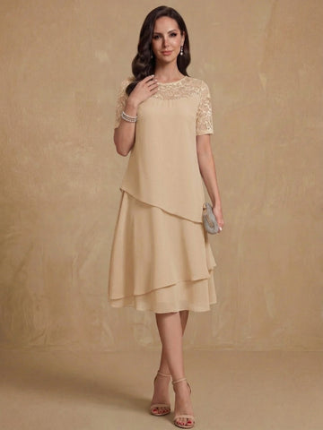 A-Line/Princess Jewel Neck Short Sleeves Knee-Length Mother of the Bride & Groom Dresses with Ruffles & Lace Appliques & Sequins