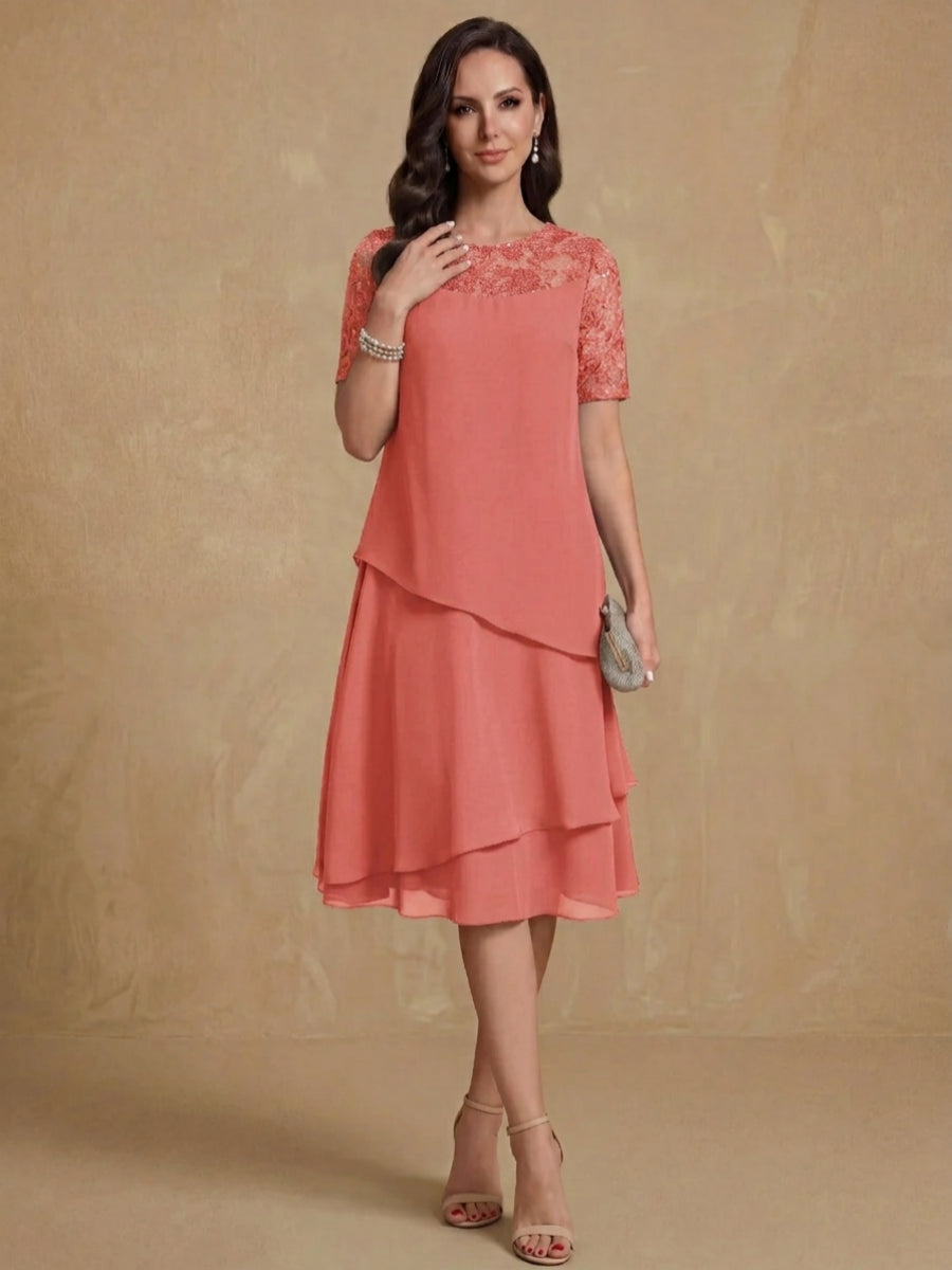 A-Line/Princess Jewel Neck Short Sleeves Knee-Length Mother of the Bride & Groom Dresses with Ruffles & Lace Appliques & Sequins