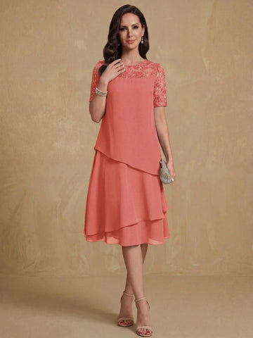 A-Line/Princess Jewel Neck Short Sleeves Knee-Length Mother of the Bride & Groom Dresses with Ruffles & Lace Appliques & Sequins