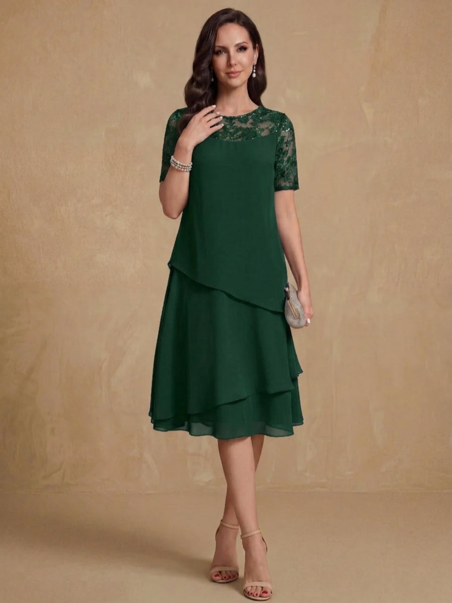 A-Line/Princess Jewel Neck Short Sleeves Knee-Length Mother of the Bride & Groom Dresses with Ruffles & Lace Appliques & Sequins