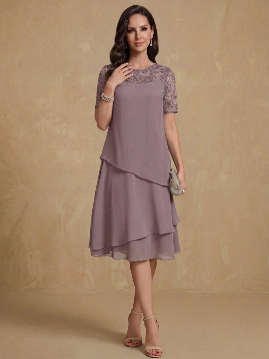 A-Line/Princess Jewel Neck Short Sleeves Knee-Length Mother of the Bride & Groom Dresses with Ruffles & Lace Appliques & Sequins