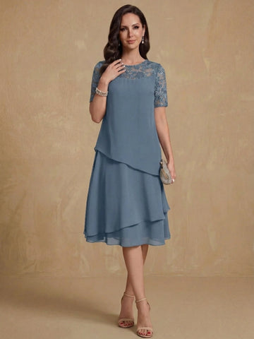 A-Line/Princess Jewel Neck Short Sleeves Knee-Length Mother of the Bride & Groom Dresses with Ruffles & Lace Appliques & Sequins