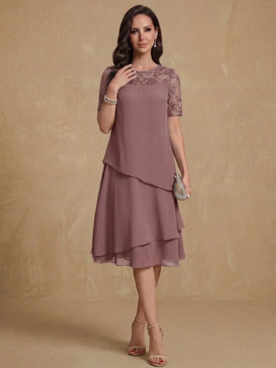 A-Line/Princess Jewel Neck Short Sleeves Knee-Length Mother of the Bride & Groom Dresses with Ruffles & Lace Appliques & Sequins
