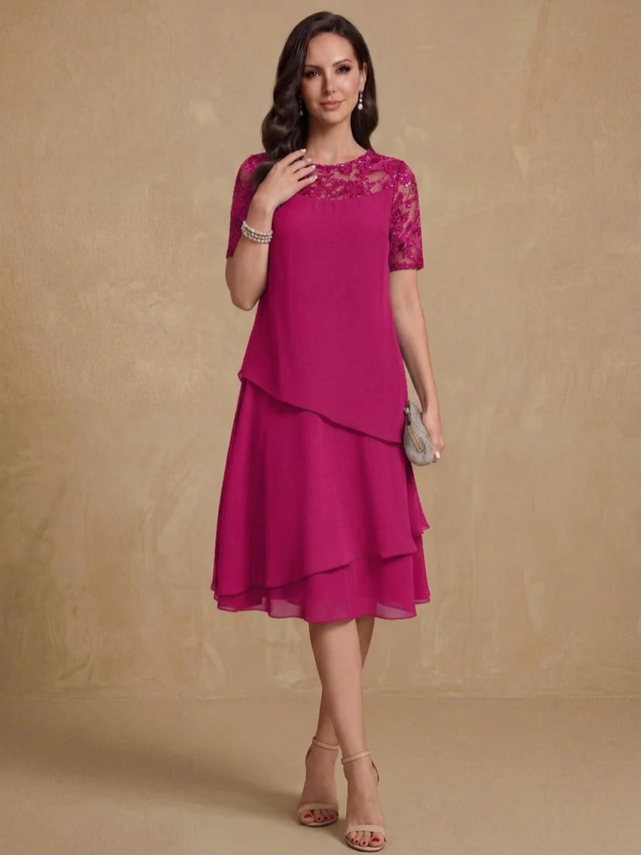 A-Line/Princess Jewel Neck Short Sleeves Knee-Length Mother of the Bride & Groom Dresses with Ruffles & Lace Appliques & Sequins