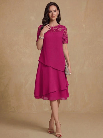 A-Line/Princess Jewel Neck Short Sleeves Knee-Length Mother of the Bride & Groom Dresses with Ruffles & Lace Appliques & Sequins