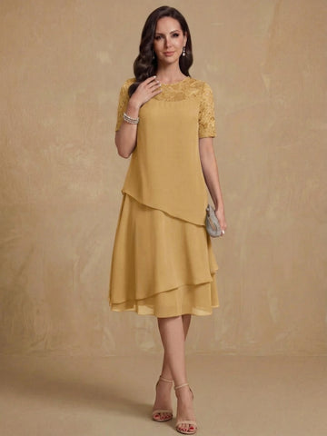 A-Line/Princess Jewel Neck Short Sleeves Knee-Length Mother of the Bride & Groom Dresses with Ruffles & Lace Appliques & Sequins