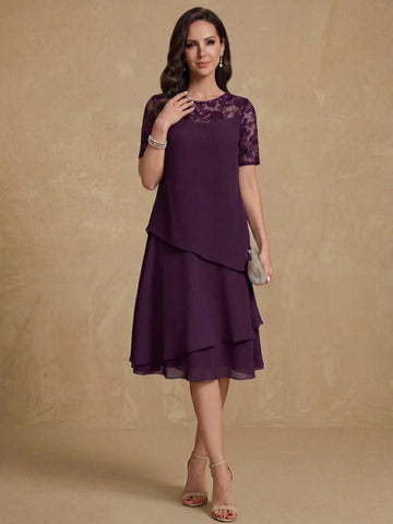 A-Line/Princess Jewel Neck Short Sleeves Knee-Length Mother of the Bride & Groom Dresses with Ruffles & Lace Appliques & Sequins