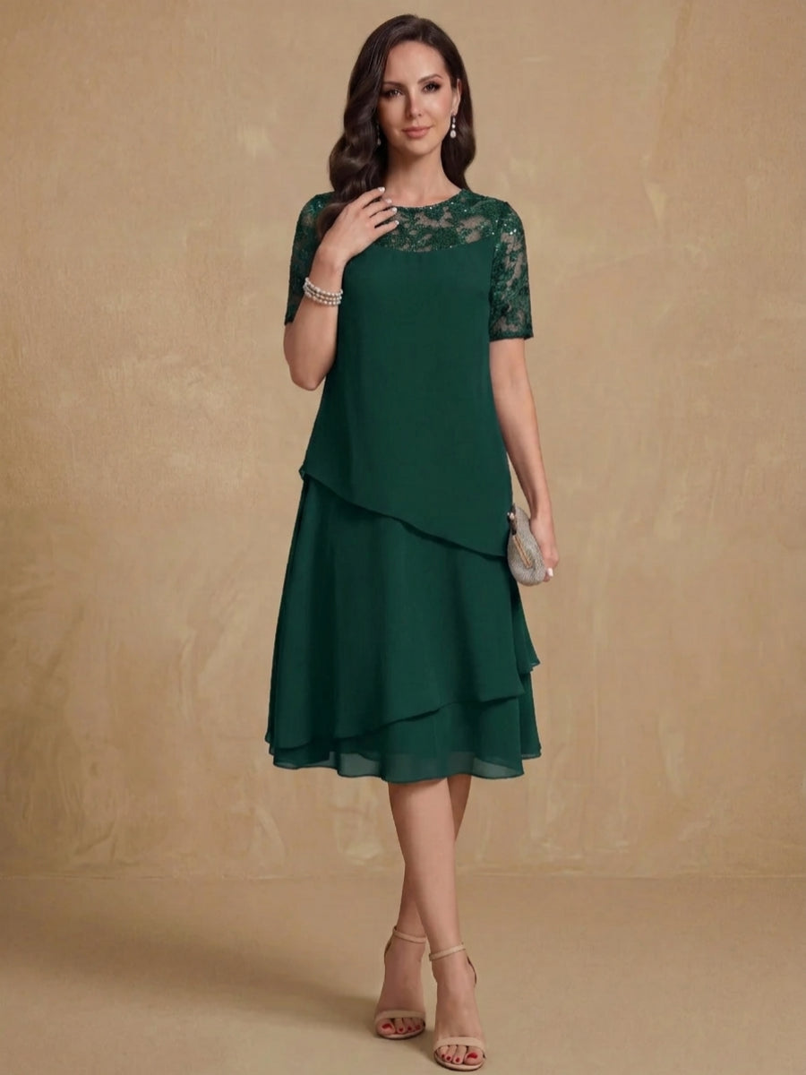 A-Line/Princess Jewel Neck Short Sleeves Knee-Length Mother of the Bride & Groom Dresses with Ruffles & Lace Appliques & Sequins